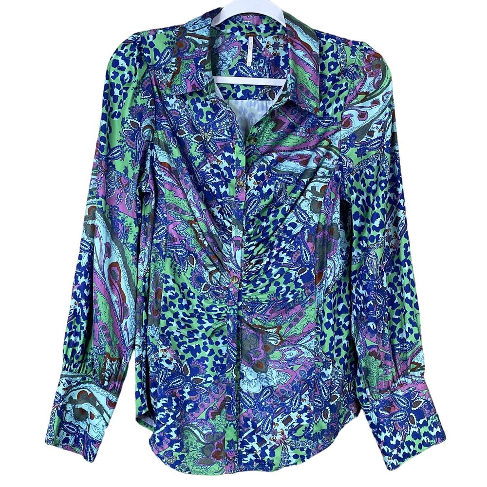 Free People Bianca Printed Blouse Long Sleeve Button Up Jade Combo SZ Medium